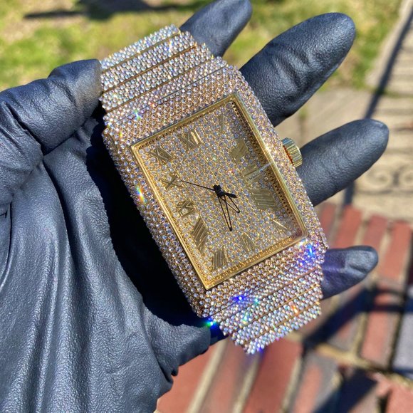 Full Iced Gold PT/ White Gold PT Hip Hop Rectangle Luxury Stylish Quartz Watch - Picture 8 of 16